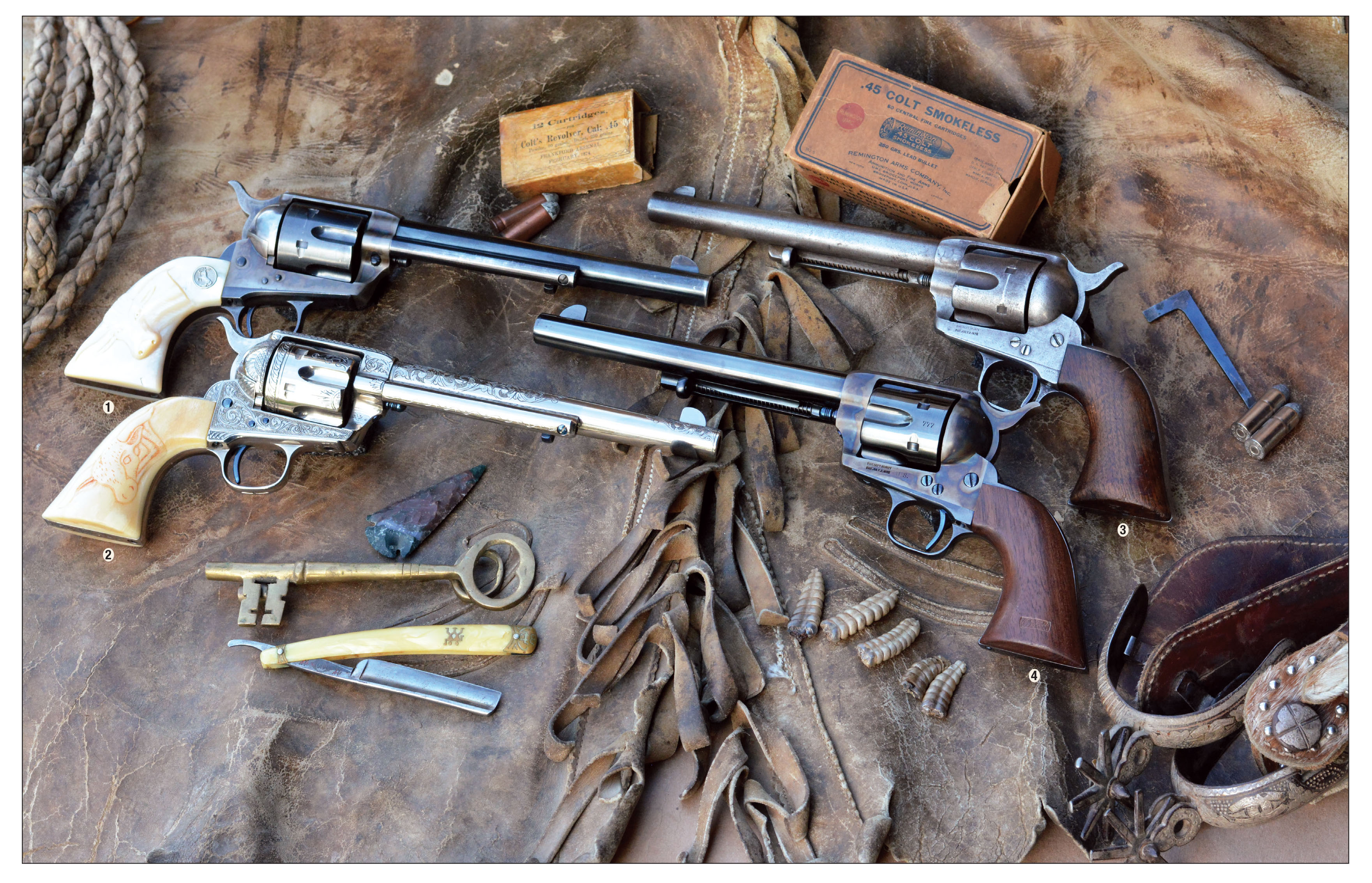 The Colt Single Action Army was designed in 1871 and 1872 and officially adopted by the U.S. Cavalry in 1873, but it also found instant acceptance with civilians. Pre-World War II examples include: (1) original smokeless-era 45 Colt with desirable factory shipped steer-head carved mother of pearl stocks, (2) 1881-era COLT FRONTIER SIX SHOOTER 44-40 (restored),  (3) early 1875-era civilian gun with extensive frontier history and (4) U.S. Cavalry first-year production 45 Colt with a three-digit serial number (restored).